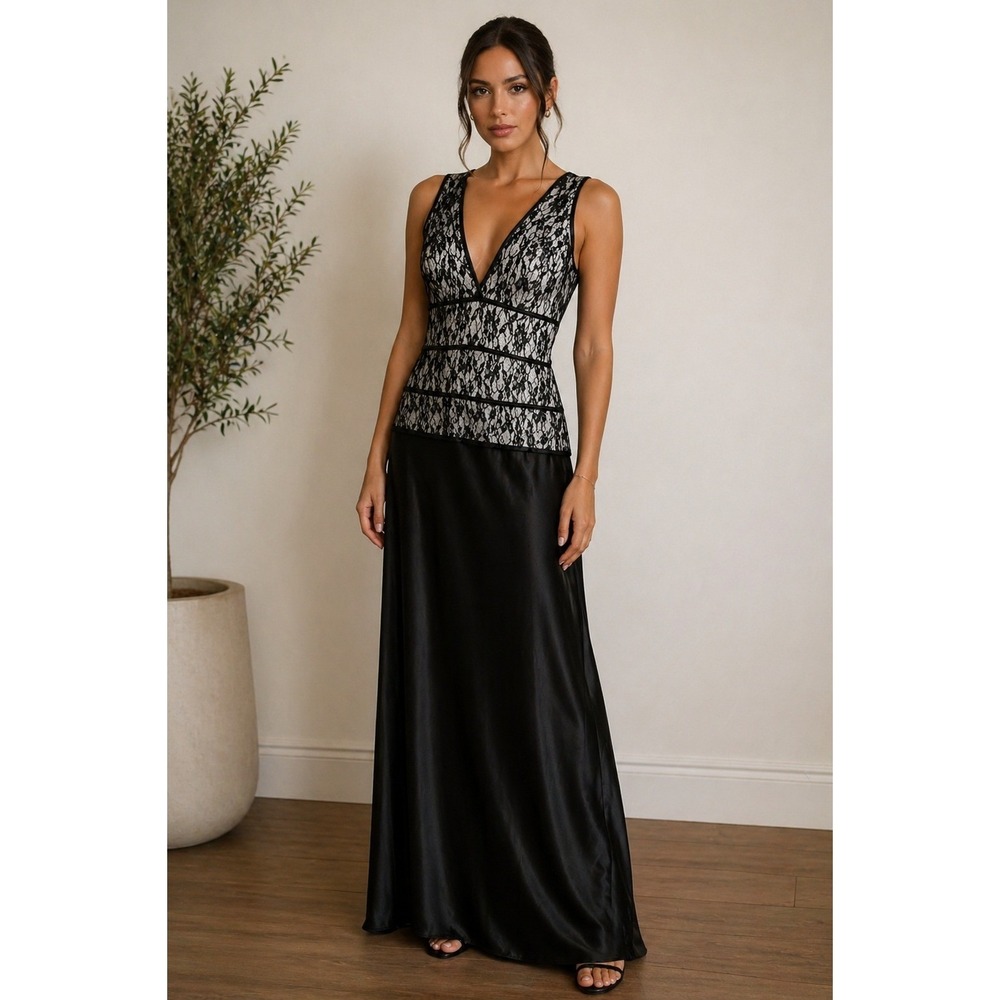 Alex Evenings Womens Black White Lace Satin Gown Formal Maxi Dress Size 10 NWT